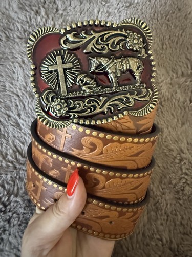 Handmade brown embossed belt - handmade,